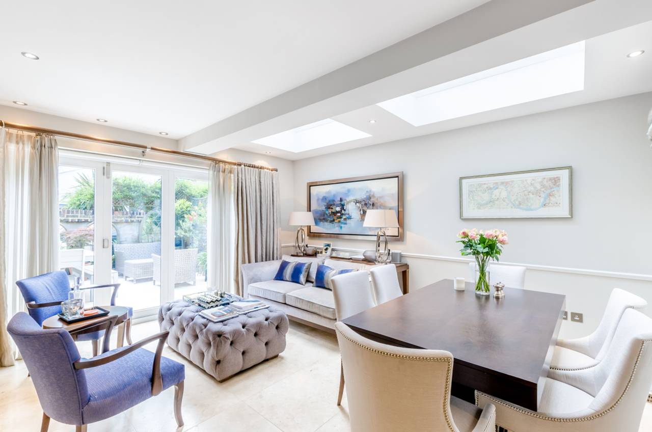 open-plan, contemporary, blue, cream